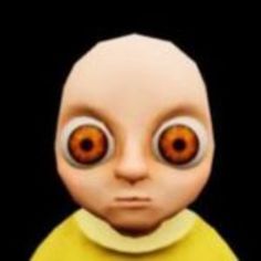 an alien doll with orange eyes and yellow shirt