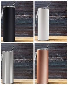 four different types of thermos are shown in this image, including one with a straw