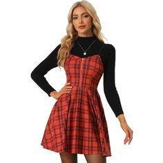 While you're attending a Christmas party, this dress will bring a touch of holiday magic to your outfit. This dress features a classic A-line silhouette with a flared skater skirt, perfect for twirling around at holiday parties. This a-line skater plaid dress delivers a festive and stylish look that will make you stand out during the holiday season. Plaid Dress Outfit Winter, Red Plaid Dress Outfit, Christmas Dress For Teens, Christmas Plaid Dress, Plaid Dress Outfit, Skater Dress Outfit, Halloween Plaid, Flared Skater Skirt, Red Plaid Dress