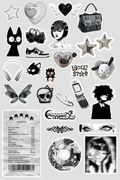 Sticker Art Black And White, Print Stickers Black And White, Scrapbook Printables Black And White, Cute Stickers Printable Design, Sticker Sheets Free Printable Aesthetic, Acubi Prints, Acubi Stickers, Notebook Stickers Aesthetic, Sticker Ideas Black And White