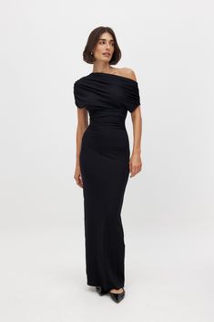 Soft Line Draped Maxi Dress Black Black Tie Winter Dresses, Opera Gloves Dress, Maxi Dress Elegant Classy, Classy Floor Length Dresses, Draped Black Dress, Collared Maxi Dress, Long Elegant Dresses With Sleeves, Long Black Dress Formal Classy, Black Dress Summer Wedding