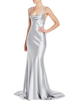 172105 (3) Silver Satin Dress, Grey Satin Dress, Monique Lhuillier Gowns, Prom Dress Inspo, Silk Evening Dress, Silver Gown, Looks Street Style