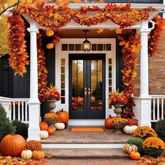 a front porch decorated for fall with pumpkins and gourds