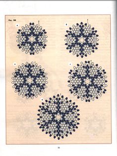 four crocheted snowflakes are shown in blue and white on a beige background