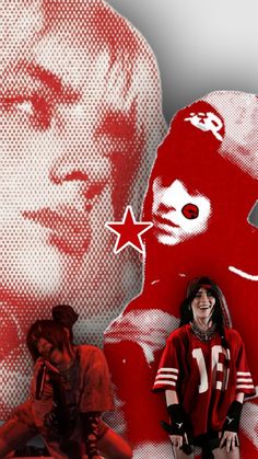 a collage of photos with women in football uniforms and one man wearing a red jersey