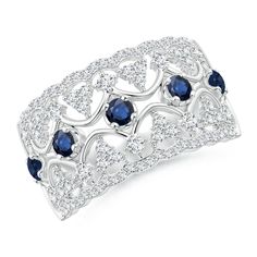 The elaborate lacy design with scalloped borders on this 14k white gold broad ring, captures the romance of the Art Deco era. Blue sapphires and sparkling diamonds embellish the intricate filigree work and look spectacular. Art Deco Sapphire Ring, Sapphire Rings, Art Deco Era, Filigree Ring, Blue Sapphire Rings, Art Deco Inspired, Sparkle Diamonds, Luxury Jewelry, Your Eyes