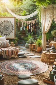 a living room filled with lots of plants and decor on top of carpeted flooring