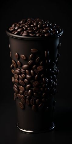 coffee beans in a black cup on a dark background, with the lid partially open