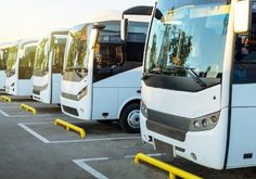 a row of buses parked in a parking lot next to each other on yellow poles