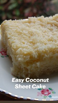 easy coconut sheet cake on a floral plate