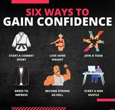 six ways to gain confidence info graphic on blackboard with red and white stripes, text that reads six ways to gain confidentness