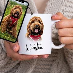 a person holding a coffee mug with a photo of a dog on the front and side