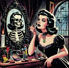 a woman is looking at herself in the mirror while she brushes her teeth with a skeleton