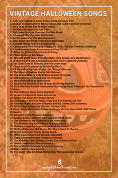 an orange pumpkin with the words vintage halloween songs written in white and black on it