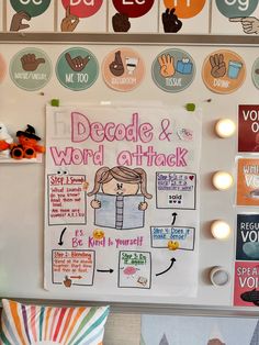 a bulletin board with various signs on it and lights around the wall behind it that says decide & word attack