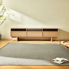 a living room with a large rug on the floor next to a book shelf and vase