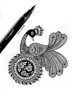 a black and white drawing of a peacock with intricate designs on it's back