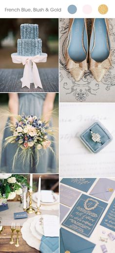 a collage of wedding pictures with blue and white colors, including the bride's shoes