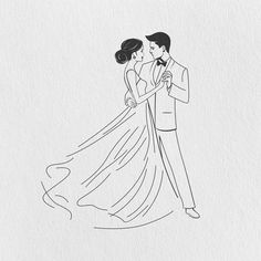 a drawing of a man and woman in formal wear, dancing the first dance with their arms around each other