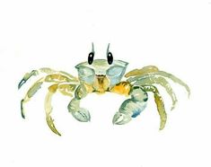 a watercolor painting of a crab on a white background, with black eyes and yellow legs