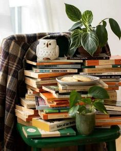 a stack of books sitting on top of a green table next to a potted plant