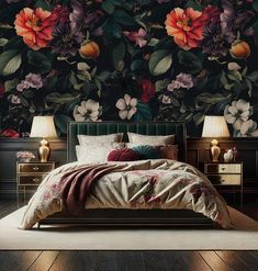 a bedroom with floral wallpaper and bed in the foreground, two lamps on nightstands