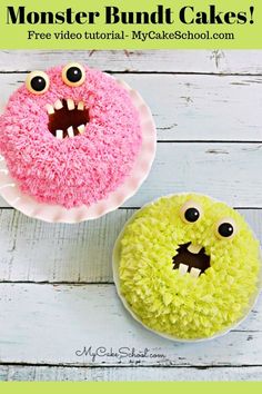 two cakes decorated like monsters with text overlay that says monster bundt cakes?