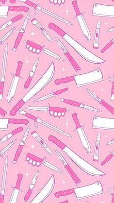 many different types of kitchen knives on a pink background