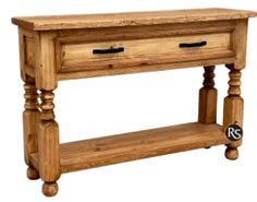 a wooden table with two drawers on one side and a drawer on the other end