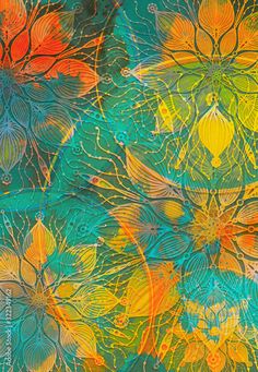 an abstract painting with flowers and leaves on it's surface in blue, green, orange