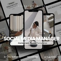 the social media manager instagram post templates are displayed on multiple screens, including two phones