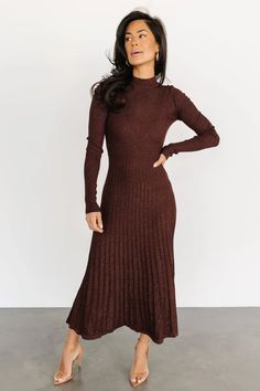 Experience timeless elegance with our ribbed and pleated dress, featuring long sleeves and a mock neck. This versatile dress combines comfort and style, making it a perfect choice for any occasion. Ui Ux Design Website, Ux Design Website, Sweater Dress Brown, Preppy Fall Outfits, Romper Outfit, Wedding Dress Shopping, Versatile Dresses, Casual Chic Style, Outfit Inspo Fall