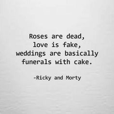 a quote from rick and morty about love is fake, wedding are basically funerals with cake