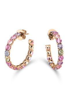 Ear pins Pastello Essentials creole 18K Rose gold (4N), 34 sapphires (Z) with round cut pastell, total 10.11 ct. ... Since the house’s inception in 1888, Bucherer has been inspired by the beauty and sparkle of rare diamonds and gems. The Lucerne Atelier celebrates curiosity and centers on innovation, forming masterpieces of beauty, elevated through the finest traditions of craftsmanship. A unique combination of traditional techniques and the latest in pioneering practices inspire iconic pieces with a contemporary twist, designed to inspire and define style with the modern woman as a constant muse. With a forward-thinking approach and cosmopolitan spirit, Bucherer Fine Jewellery has earned a notable place among Europe’s most eminent jewelers. Rare Diamonds, Sapphire Earring, Pastel Jewelry, European Jewelry, Earring Hoops, Pastel Designs, Ear Pins, Purple Jewelry, Sapphire Earrings