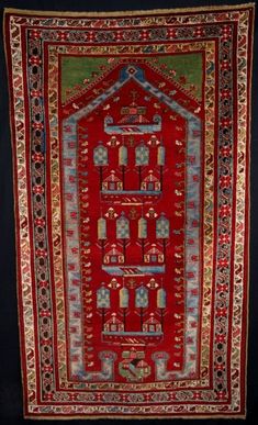 Turkish Kirshehir prayer rug, circa 1900-1920. Pictorial Design, Muslim Prayer Rug, Muslim Prayer, Long Rug, Prayer Rug, Village Houses