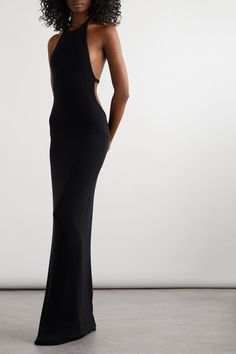 SAINT LAURENT's maxi dress is cut from smooth stretch-jersey that hugs your figure as it falls. It has a halterneck top and turns to reveal a daring cutout back. Keep the focus on its minimal lines with delicate jewelry and a soft lip. Long Black Dress Classy, Elegant Dress Black Women, 90s Formal Fashion, Silk Dress Black Women, Expensive Dresses Classy, Black Tie Event Dresses Classy, Club Dresses Nightclub Classy, Black Long Dress Elegant, Archive Dress