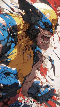 an image of wolverine in action with paint splattered on his face and hands