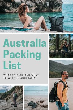 australia packing list with images of people on the beach and mountains in the background, including backpack