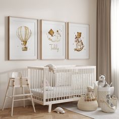 a baby's room with three pictures on the wall and a crib in the foreground