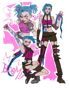 Jinx Fanart League Of Legends, Jinx Hair Down, Jinx Character Design, Jinx League Of Legends Fanart, Jinx Inspired Outfit, Arcane Character Design, Jinx Design