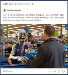 a man standing in front of a store counter with a creepy mask on his face