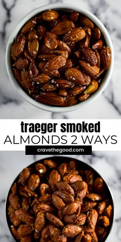 two bowls filled with roasted almonds on top of a white marble countertop next to each other