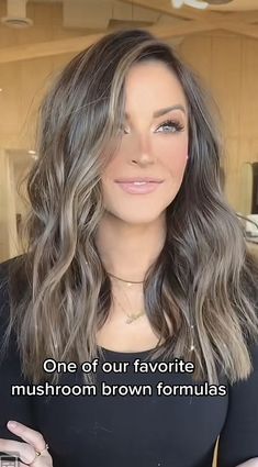 Fall Ash Brown Hair Color, Blending Grey With Brown Hair, Brunette For Green Eyes, Light Brunette Hair Fair Skin, Mushroom Brown Hair Blue Eyes, Mushroom Brown Medium Length Hair, Mushroom Lowlights, Balayage Gray Blending, Natural Hair Color With Money Piece