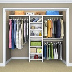 an open closet with clothes and shoes hanging on the shelves, next to a carpeted floor