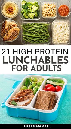 lunch boxes filled with different foods and the words, 21 high protein lunchables for adults