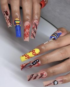 Long Ratchet Nails, Halloween Nail Designs Chucky, Xl Long Acrylic Nails Halloween, Chuckie Nail Art, Red Rum Nails, Halloween Nails Scary Movie, Chunky Nails Acrylic, Chucky Nails Short, Dope Nail Designs Halloween