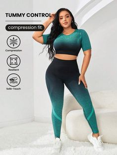 Activity:Yoga & Studio \nFeatures:Seamless \nType:Leggings \nNeckline:Round Neck \nSleeve Type:Regular Sleeve \nColor:Multicolor \nPattern Type:Ombre \nPattern Type:All Over Print \nFabric:High Stretch \nCare Instructions:Machine wash, do not dry clean \nSheer:No \nFit Type:Slim Fit \n Curvy Pants, High Quality Leggings, Ombre Print, Sports Wear Women, Crop Top And Leggings, Gym Style, Short Sleeve Cropped Top, Women Plus Size, Sports Top