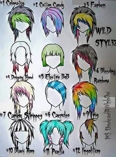 Many anime hair stlyes xp Emo Hairstyles Drawing, Scene Emo Art, Fete Emo, Emo Hairstyle, Emo Hairstyles, Hairstyles Drawing, Scene Girl