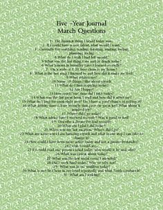 a poem written in green and white with the words five year journal march questions