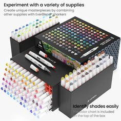 an assortment of markers and pencils in a black box with the title expert with a variety of supplies